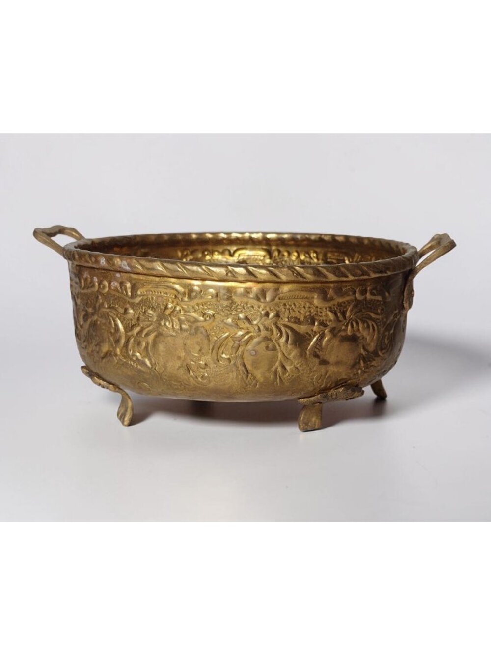 Vintage Brass Embossed Hammered Floral Tri-Footed Planter Oval Copper Nails